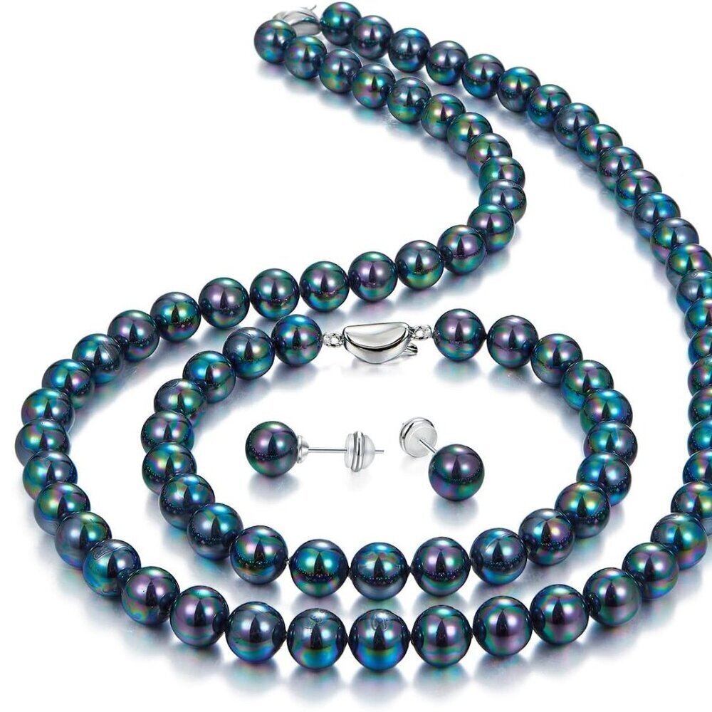 Pearl Jewelry Set Sterling Silver 20-inch Necklace 8-inch Bracelet Earrings